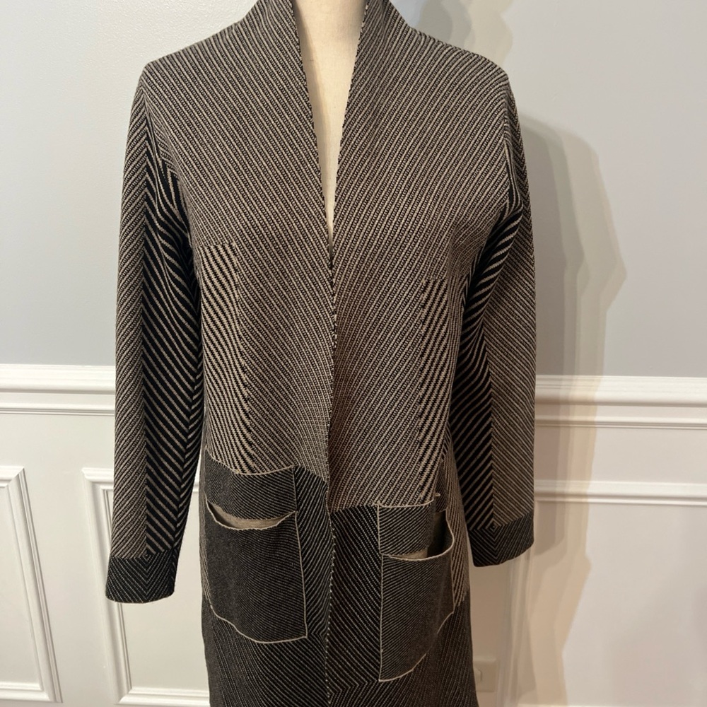 Sioni Duster Cardigan Open Front Black And Tan Size Small Cotton Blend